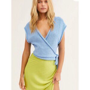 Free People Light Blue Knit Wrap Sweater Top Sleeveless Tie Waist Crossover Sz S